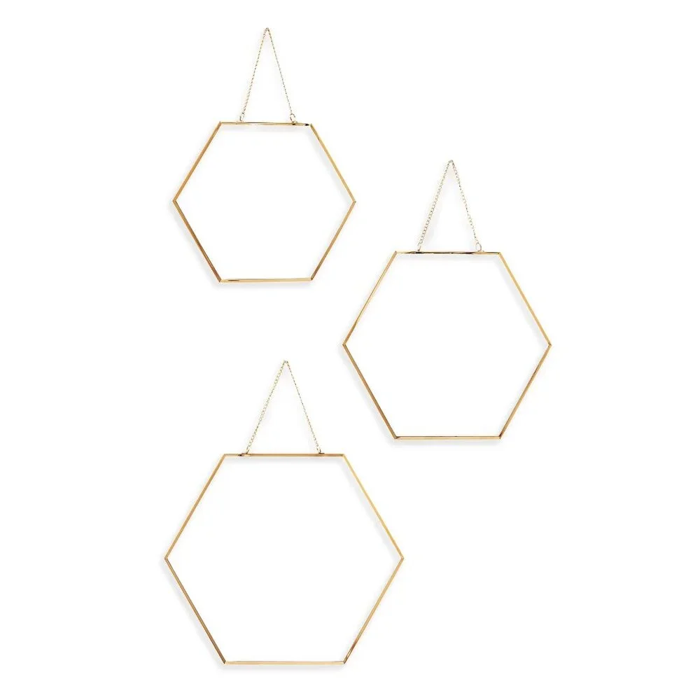 new Set of 3 Wild Sage Hexagon Gold-tone Wall Mirrors with Chains